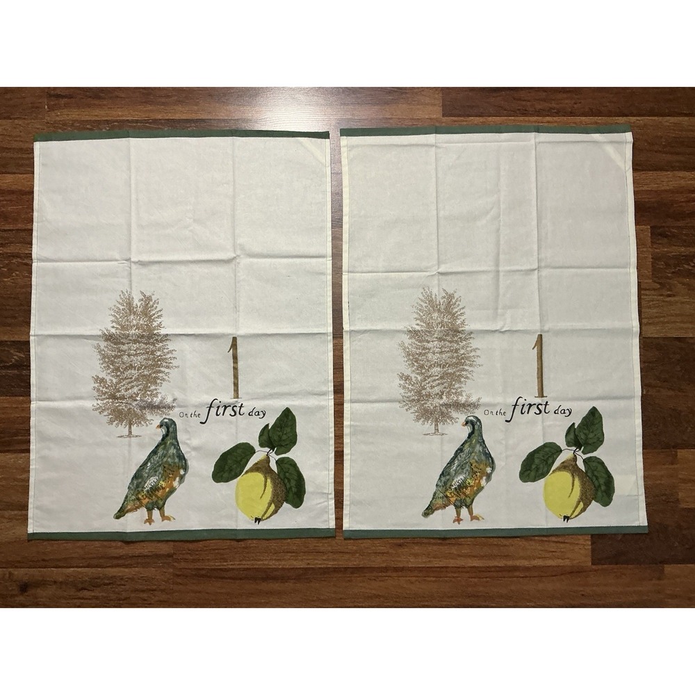 Williams Sonoma ON THE FIRST DAY Christmas Kitchen Towels Beige Pair 27in X 20in